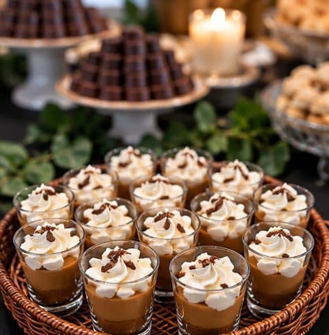 Doces de chocolate e mousse em copinhos com chantilly
